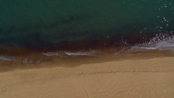 Vista aérea da praia arenosa com ondas calmas do mar azul quebrando na costa pacífica. — Vídeo de Stock