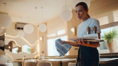 Garson, beyaz gömlek giymiş kafeterya masasını temizliyor. Kadın çalışanlar kafeteryayı müşteriler için hazırlıyor. Düzenli restoran alanını düzenleyen bir kız. Servis kavramı