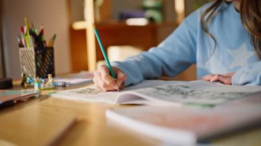 Öğrenci el yazısı, defter, ahşap masa, yakın plan. Zeki genç kız okul konusunu öğrenip ev ödevleri yapıyor. Yaratıcı zeki liseli kız tek başına disiplin okuyor..