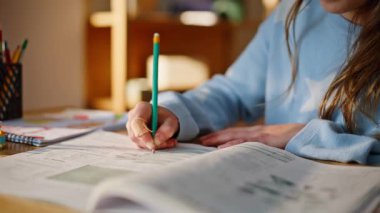 Genç kız ev ödevi yaparken el not dersi veriyor. Güneşli ev odasını kapatıyoruz. Okul ödevi yapmayı düşünen zeki yaratıcı liseli kız. Çocuk tek başına bilgi topluyor.