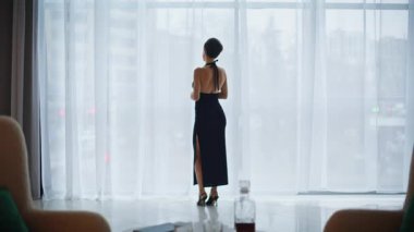 Uzun, zarif elbiseli, sakin bir kadın. Şehir manzarası manzaralı, geniş bir daire. Sofistike, kısa devre modelleri gökyüzünü gözlemliyor ve şarap kadehiyle bekliyor. Yalnız başına kokteyl kıyafeti giyen cilalı bir bayan.