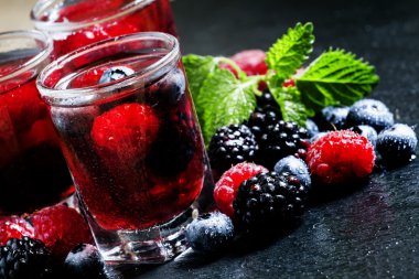 Cold summer berry tea with raspberries, blueberries, blackberries and mint