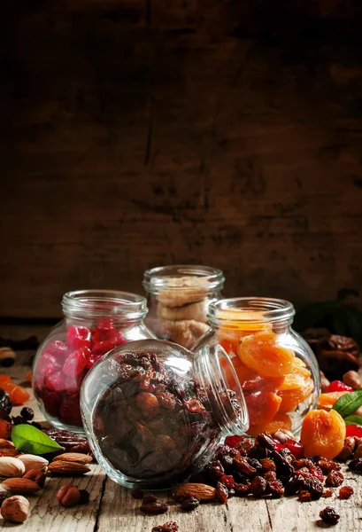 Dry fruits in a glass jars — 图库照片