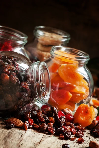 Dry fruits in a glass jars — Stock fotografie