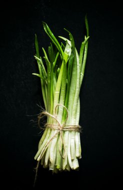 Gıda arka plan, taze yabani sarımsak filizi 
