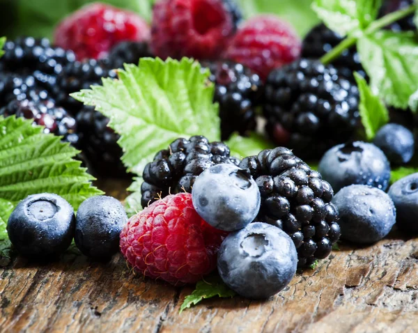 Moras frescas, arándanos y frambuesas con hojas verdes —  Fotos de Stock