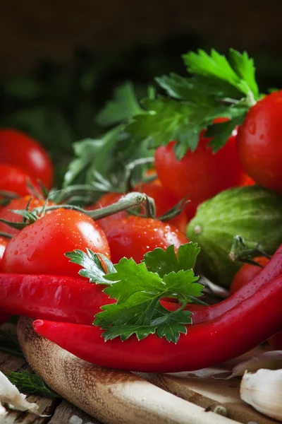 Red hot pepper with spring vegetables — Stockfoto