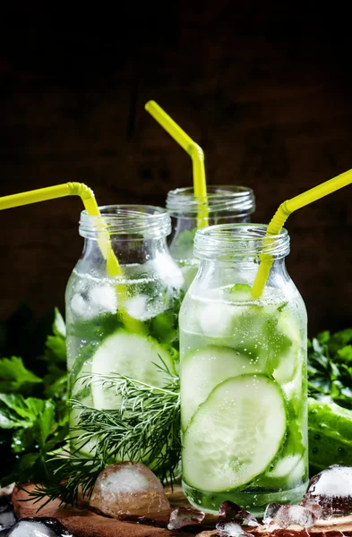 Refreshing cold drink of cucumber and herbs in glass bottles — 图库照片