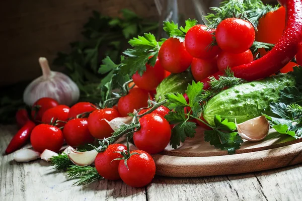 Pomodori ciliegini freschi con verdure primaverili ed erbe aromatiche — Foto Stock