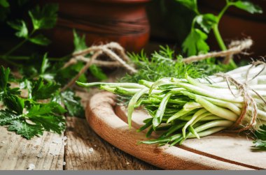 Ramson ve otlar ahşap kesme tahtası