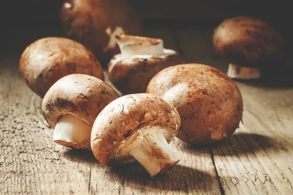 Colheita de cogumelos na velha mesa de madeira — Fotografia de Stock