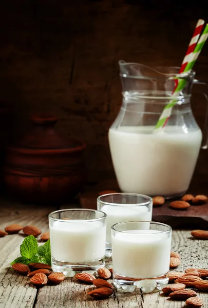 Leche de almendras en vasos pequeños y almendras secas derramadas — Foto de Stock