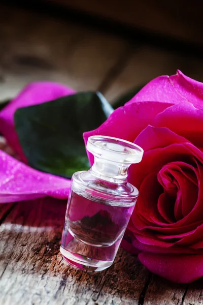 Roos etherische olie in een kleine fles en roze roos — Stockfoto