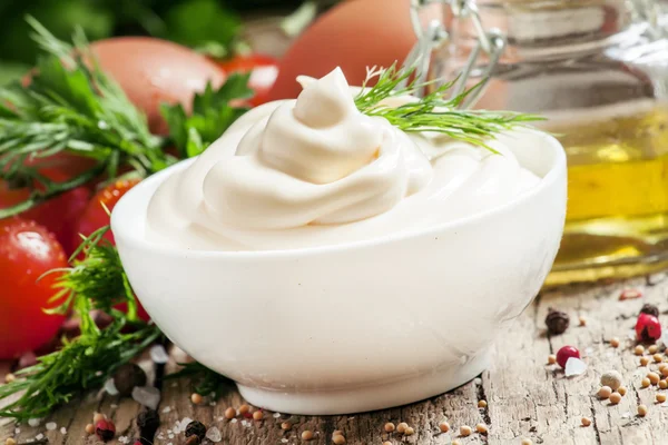 Homemade mayonnaise with chicken eggs — Stock Photo, Image