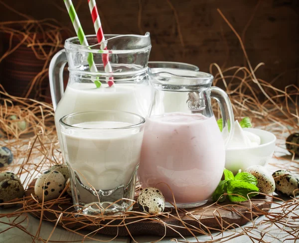 Productos lácteos: leche y yogur en frascos — Foto de Stock