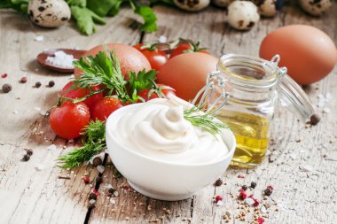 Beyaz bir kase içinde ev yapımı mayonez sos