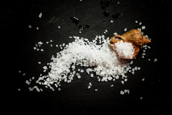 Sea salt is pour from a seashell — Stok Foto