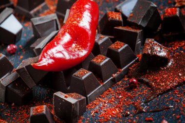 Kırmızı sıcak biber biber, koyu çikolata parçaları