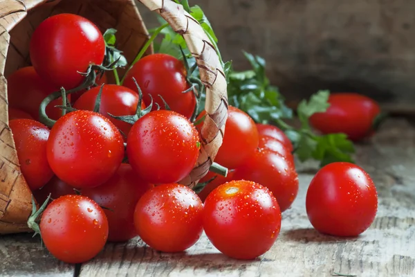 Small red cherry tomatoes spill out of a wicker basket — Stock Photo, Image