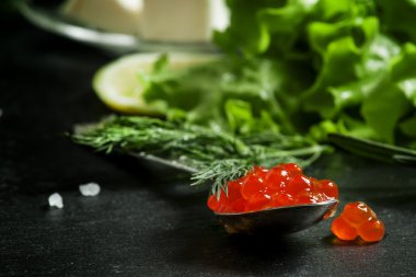 Bir gümüş kaşık siyah bir taş zemin üzerine kırmızı somon havyar  