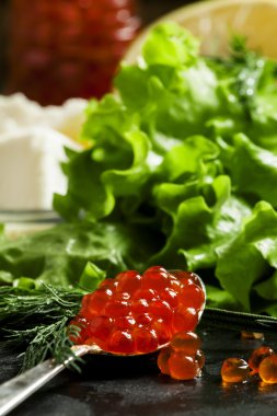 Bir gümüş kaşık siyah bir taş zemin üzerine kırmızı somon havyar  