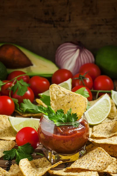Mexican nachos med kryddig tomatsås — Stockfoto