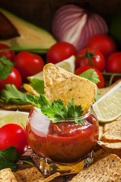 Nachos mexicanos con salsa de tomate picante — Foto de Stock