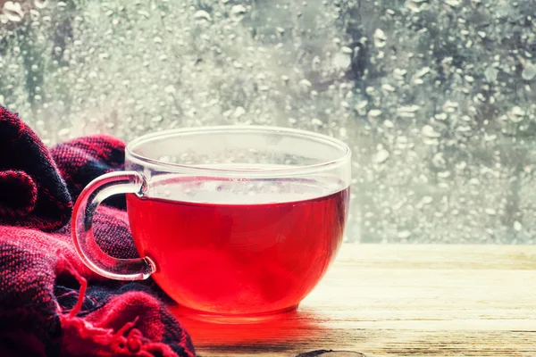 Copo com chá vermelho quente na frente de uma janela — Fotografia de Stock