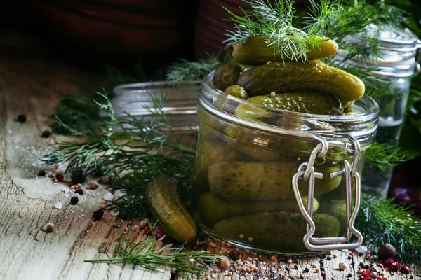 Ingemaakte kleine komkommers augurken in een glazen pot — Stockfoto