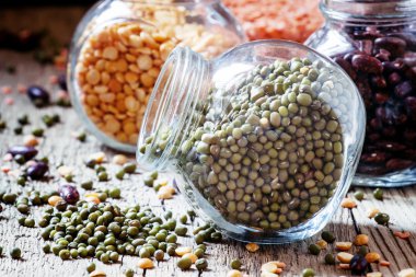 Bir cam kavanoza yeşil mercimek fasulye mix 