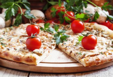 Vejetaryen pizza mantar, peynir ve domates ile
