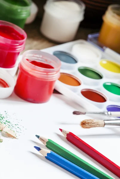 Colored pencils and paints - drawing tools — Stock Photo, Image