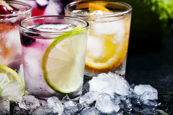 Chilled soft drinks with ice, citrus fruits and berries