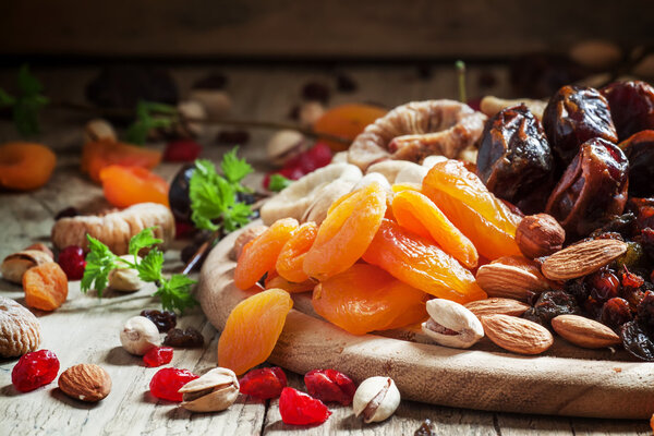Dried apricots, set of nuts and dried fruits