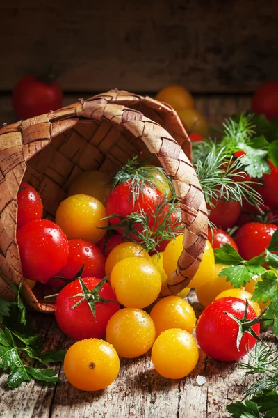Червоні та жовті вишневі помідори виливаються з плетеного кошика — стокове фото