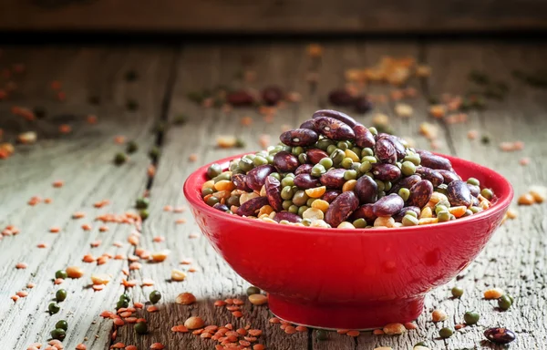 豆ミックス:紫豆、緑と赤のレンズ豆、赤いボウルにドライエンドウ豆 — ストック写真