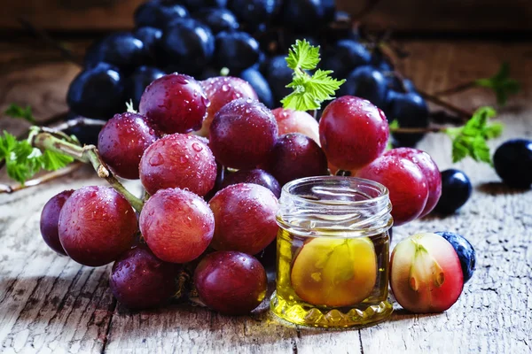 Óleo essencial de sementes de uva e um ramo fresco de uvas — Fotografia de Stock