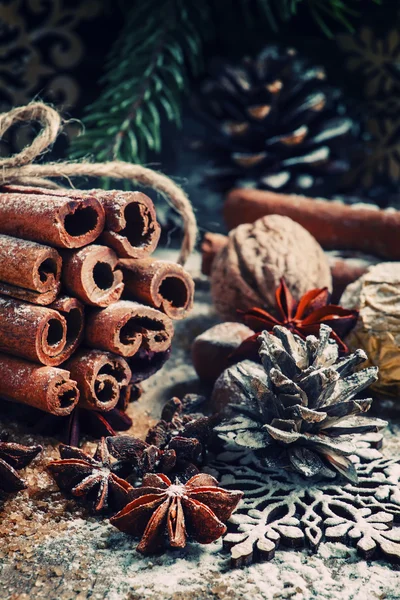 Stelletje kaneelstokjes in een compositie van Kerstmis — Stockfoto