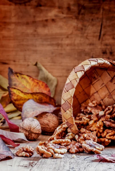Fresh walnuts spill out of a wicker basket — Stock Photo, Image