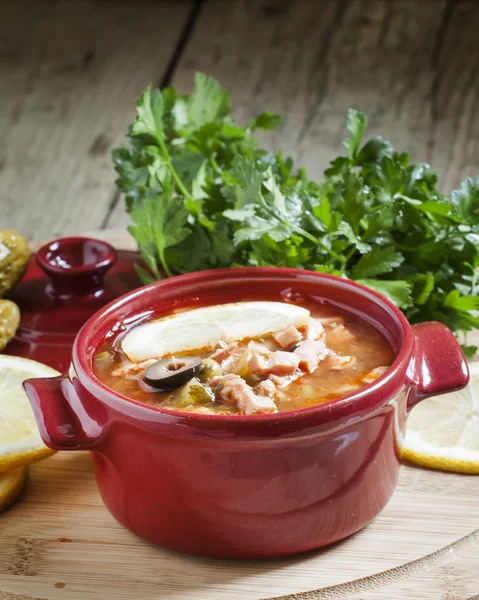 Soup in red small saucepan — Stock Photo, Image