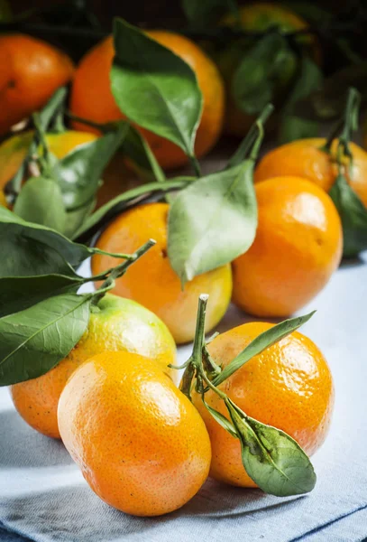 Świeże dojrzałe mandarynki z zielonymi liśćmi — Zdjęcie stockowe