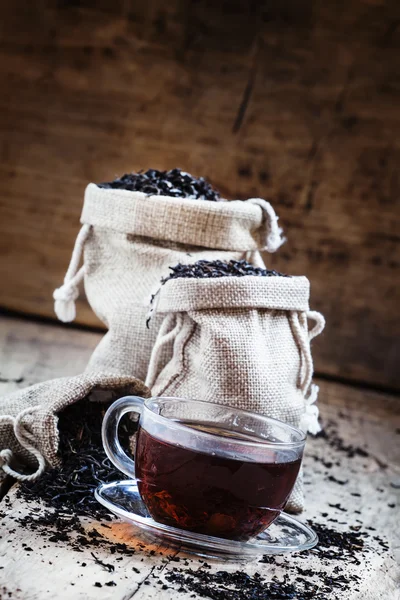 Průhledný šálek černého čaje a suchého čaje v sáčcích — Stock fotografie