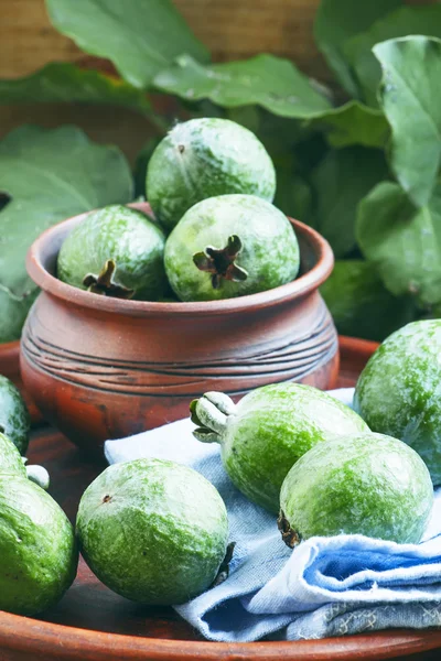 Frische grüne Feijoa-Früchte in Tonschale mit blauer Serviette — Stockfoto