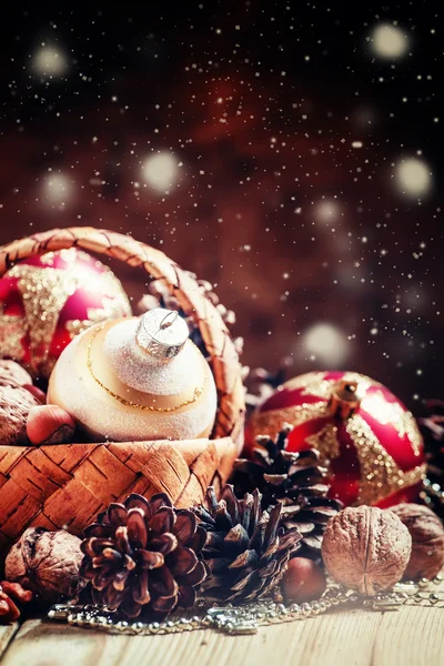 Christmas New Year composition with wicker basket — Stok fotoğraf