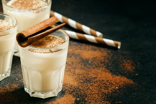 牛乳、ラム酒、シナモンと伝統的な冬エッグノッグ — ストック写真