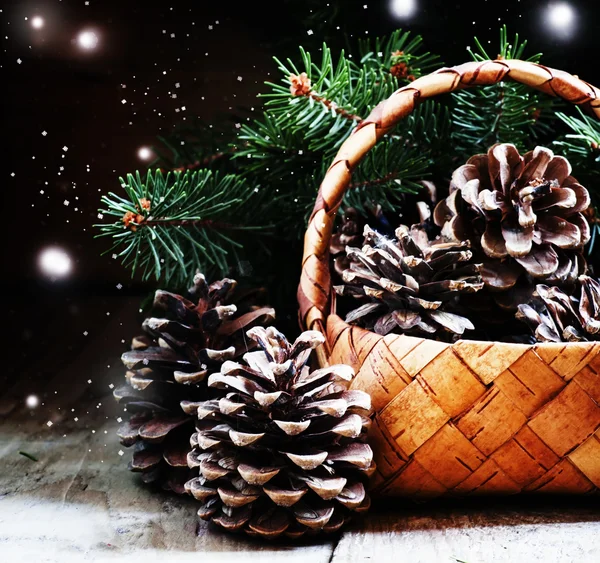 Christmas or New Year composition with wicker basket — 스톡 사진