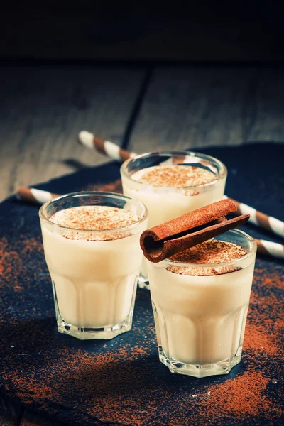 Traditioneller Winter-Eierlikör mit Milch, Rum und Zimt — Stockfoto