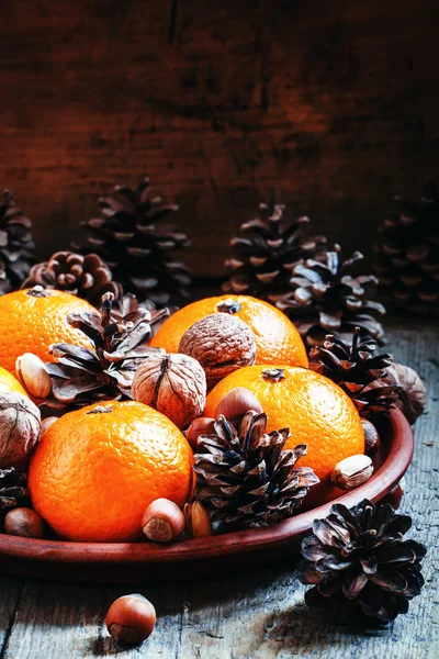 Assiette en argile avec mandarines orange, cônes de sapin, noix, noisettes et pistaches — Photo