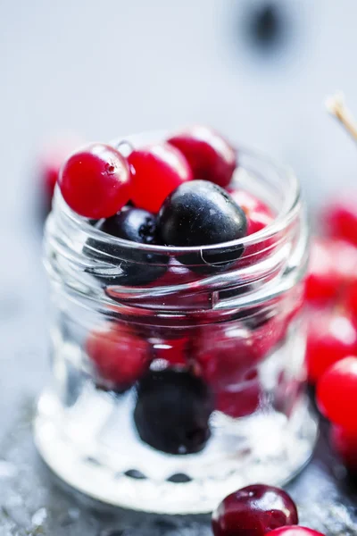 Cranberries, cinza de montanha, viburnum, chokeberries em um frasco de vidro — Fotografia de Stock