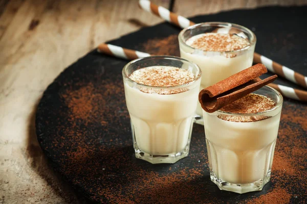 Traditioneller Winter-Eierlikör mit Milch, Rum und Zimt — Stockfoto